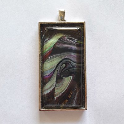 Pendant Purple and Green Ribbons on Silver Rectangle